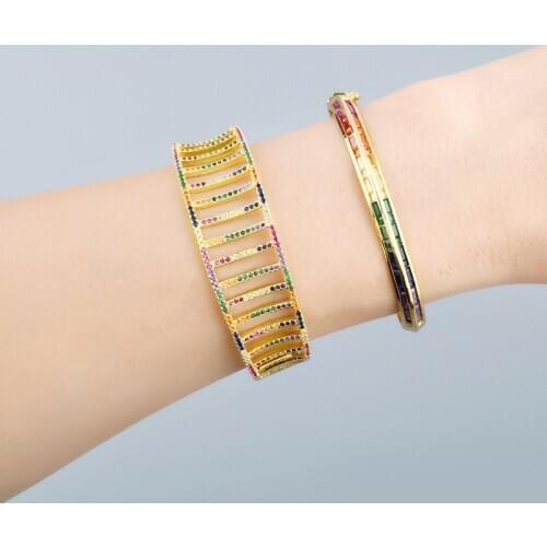 FLOLA Multicolor Crystal Cuff Bangle Bracelet For Women Adjustable Gold Bangles CZ Rainbow Zirconia Luxury Jewelry Gifts brtc45