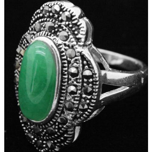 24*16mm VINTAGE NATURAL FREEN Natural jade MARCASITE 925 SILVER RING SIZE 7/8/9/10