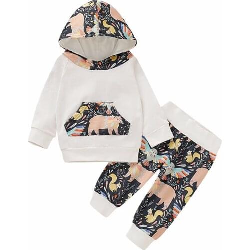 0-2 Years Newborn Baby Kids Suit for Girls Boys Clothes Set Long-sleeve Childrens Hooded Cartoon Print Sweatshirt+Pant Outfits