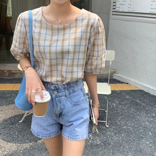 Summer new lattice crop top women Round neck fashion tops women Short sleeve puff sleeve tops women 2021