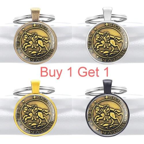 Buy 1 Get 1 Antique Bronze Xpisti Sigillvm Militvm Design Glass Dome Pendant Key Chain Classic Knight Templar Jewelry Key Rings