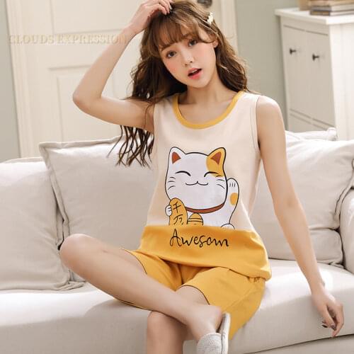 Summer Short Sleeved Cotton Pajamas For Women Cute Girl Sleepwear Cartoon Ducks Pajama Set Pyjamas Yellow Sleepwear Fashion Suit
