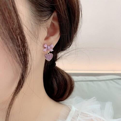 Fashion Purple Color Sweet Bow Drop Earrings Trendy Heart Rhinestone Bowknot Girl Wedding Earring for Women Love Gift