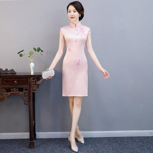 PLus Size 4XL Female Satin short Evening Cheongsam Chinese Womens Qipao Sexy Print Flower Dresses Vintage Button ZAYS523