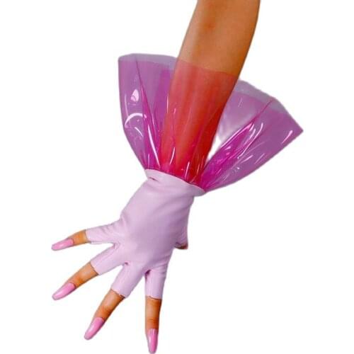 Women PU Gloves 28cm Short Style Faux Leather Pink Splicing PVC Plastic Half Finger Female Semi-Finger Gloves WPU333