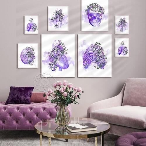Human Body Organ Flower Purple Colored Drawing Poster, Human Body Skeleton Canvas Painting Art Wall Picture, Doctor Office Decor
