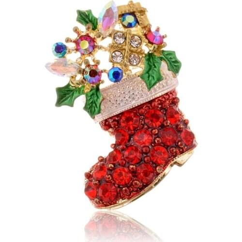 Hot Creative Christmas Santa Red Socks Rhinestone Enamel Brooches Pins Badges Women Children Kids Jewelry New Year Gifts Party