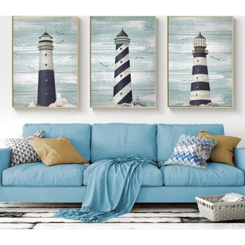 Nordic Sailing Series White and Blue Lighthouse Canvas Painting Poster Print Wall Art Picture for Living Room Home Decor Cuadros