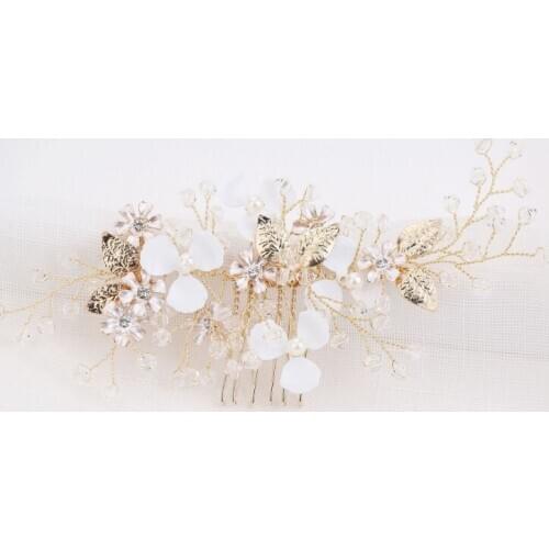 Bridal White Flower Headpiece Hair Accessories Crystal Rhinestone Headband Tiaras Wedding Hair Comb Clips Jewelry For Women
