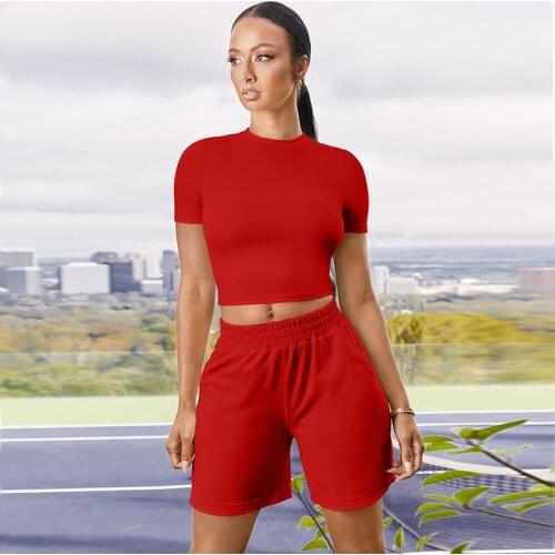 Wantmove Womens New Sexy Basic Short Sleeve Stretch Crop Tops Loose Shorts Set With Pocket Casual Club Two Piece Outfits AM785