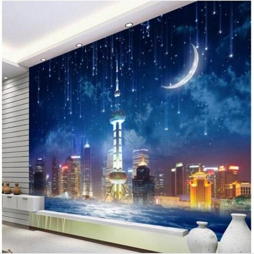 Wellyu Custom large fresco sky city sky full moon star living room TV backdrop wallpaper papel de parede para quarto