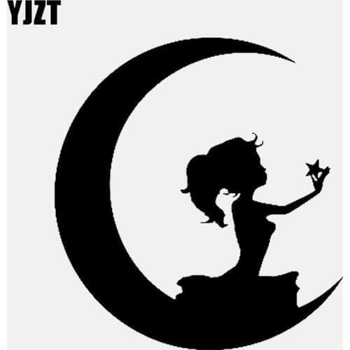 YJZT 12.8CM*13.8CM Angel Girl Moon With Star Vinyl Decal Car Sticker Black/Silver C3-0641