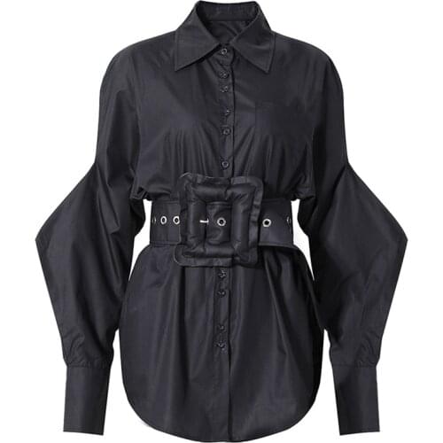 Women White Cotton Blouses Long Sleeve Loose Belted Casual Tops