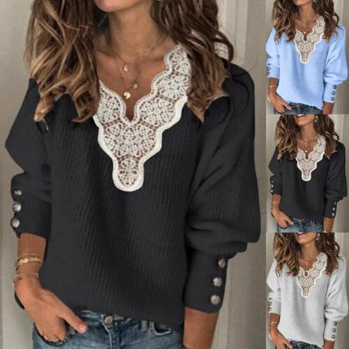 Women V Neck Knitted Pullover Top Casual Sweater Women Autumn Winter Long Sleeve Lace Patchwork V Neck Buttons Sweater-Jumper