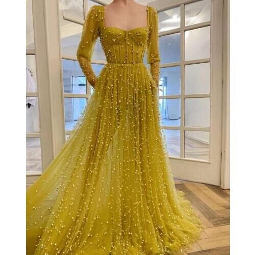Elegant Evening Dresses A-line Sweetheart Long Sleeves Tulle Pearls Dubai Saudi Arabia Long Prom Dress Gown Robe De Soiree