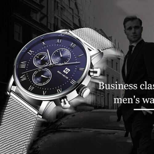 2020 Fashion Mens Watch Mesh Stainless Steel Casual Quartz Watches Top Brand Blue Dial Watch Clock Reloj Mujer QW025