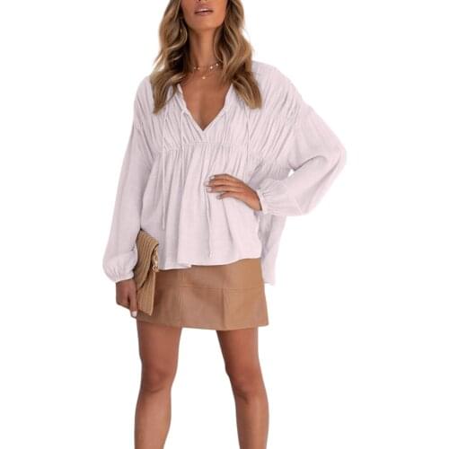 Women Casual Blouse Tops Solid Color Tied V-Neck Long Puff Sleeves Ruffled Shirt for Ladies OL shirts