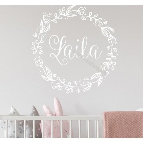 Beautiful flower branches decorative Wreath Wall Decal Custom Name Girl Rustic Nursery Wall Decor Baby bedroom Art poster EB521