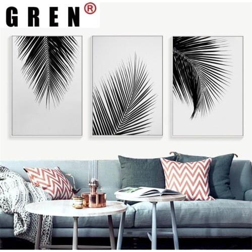 GREN Home Decor Black White Gray Palm Tree Leaves Canvas Painting Posters Prints Minimalist Modern Wall Art Picture Living Room