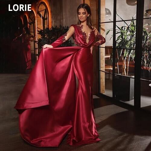LORIE Elegant Satin Formal Dresses for Women Burgundy Lace Appliques Celebrity Dresses Mermaid with Long Sleeve illusion Dress