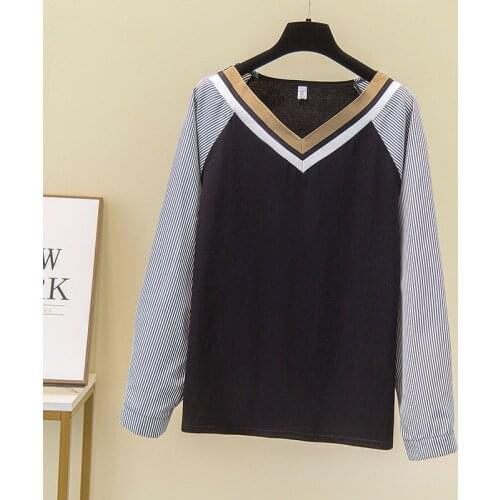 Nkandby Plus Size Long Sleeve T-shirt Women Autumn Korean 100kg Female Large Tops V-neck Stripe Splice T-Shirt Oversize Clothes