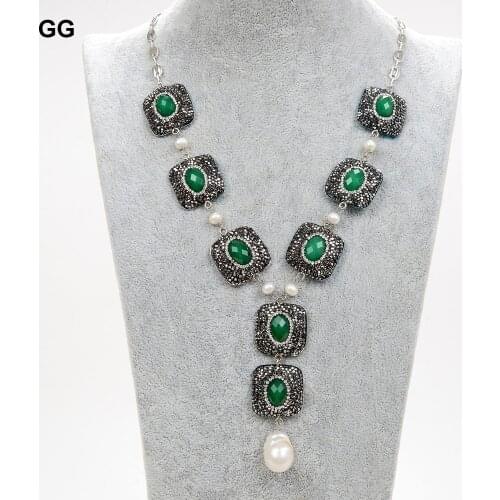 GG Jewelry 19" 25mm Green Jade CZ Paved White Round Pearl Necklace Keshi Pearl Pendant Earrings Set