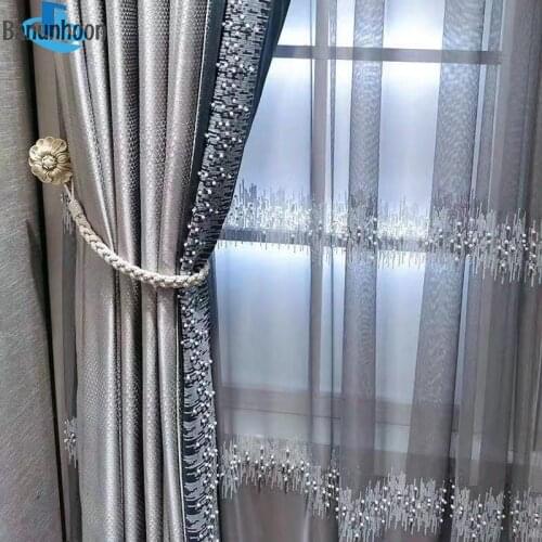 Hot Sale Luxury Embroidery 3d Sequined Tulle For Living Room Gray Pearls Sheer Curtain For Children Bedroom Screen