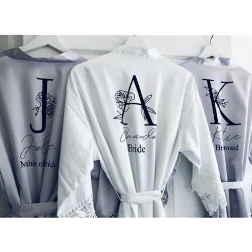 Personalized grey silk Hen Party Floral Printed robe initial Lace Sexy Women bride Nightwear Peignoir wedding keepsake Bathrobe