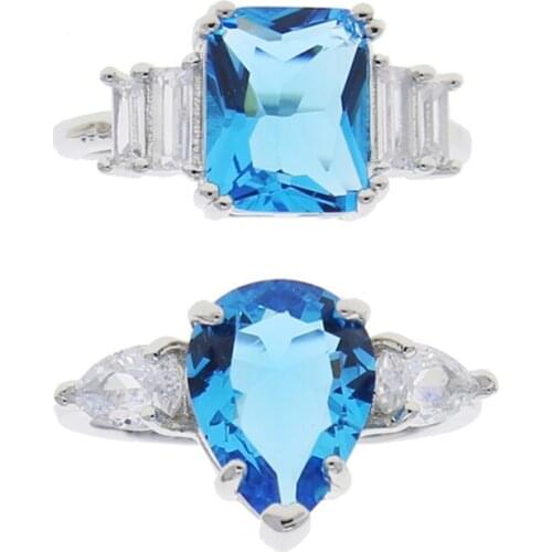 Pear Shape Accent Stone Rings Silver Color Square Cut Blue CZ Band Wedding Engagment 5A Tear Drop Stone Ring For Women Jewelry