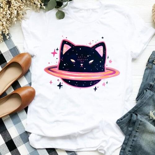 Summer New Fashion Funny Black Cat Cartoon Tee Female T-Shirt Short Sleeve Ulzzang Harajuku Tshirt Cute Women T shirt
