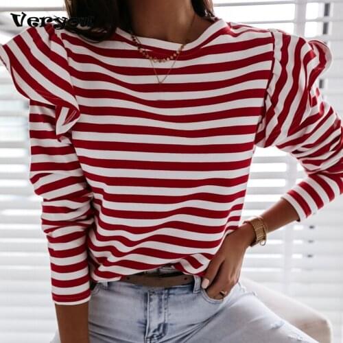 Fashion Spring Womens Striped Ruffles T-Shirts Tops Long Sleeved Top Fall Casual Party Round Neck Ruffle Shoulder Stylish Tops