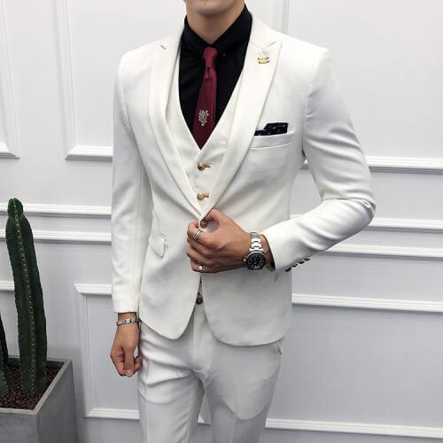 2019 Mens Slim Fit White Suits Men Korean Style Business Suit Men Casual Party Tuxedo Suits 3 Pieces Set Jacket Vest Pants