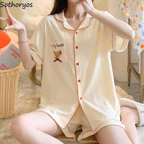 Pajama Sets Women Embroidery Square Collar Short Sleeve Loose Simple Soft Sleepwear Summer Students Korean Casual Trendy Chic