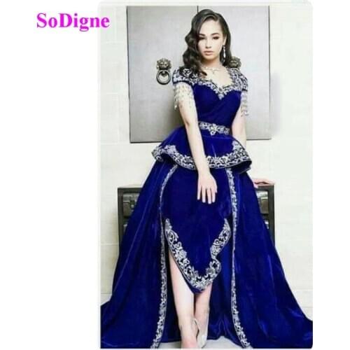SoDigne Caftan Evening Dress 3 Pieces Karakou Algerien Appliques Gold Lace Mermaid Velvet Prom Gowns Women Formal Dress