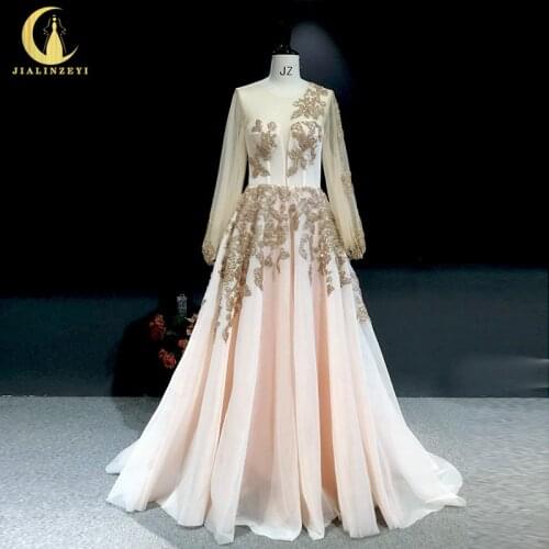 Rhine Real picture long sleeves gold beads pink women evening dress long formal dresses