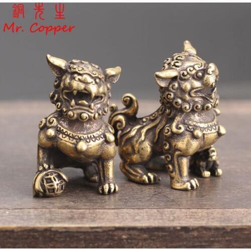1Pair Pure Copper Lucky Lion King Figurines Miniatures Desk Ornaments Antique Bronze Chinese Animals Statue Home Feng Shui Decor