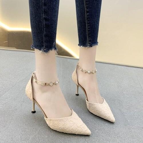 Women Fashion Pointed Toe 7cm High Heel Four Leaf Clover Shoes Lady Sexy Wedding High Heels with Pearl Deco Female Party Shoes