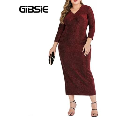 GIBSIE Plus Size V Neck Elegant Party Long Dress Women Sexy 3/4 Sleeve High Waist Bodycon Dresses Ladies Summer Autumn 2021