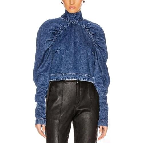 2021 New Puff Long Sleeve Womens Denim Coat Stand Collar With Zipper Cropped For Female Casual Coats Fashion Autumn Tide