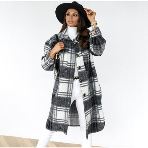 Woman Coats Autumn Winter 2021 Women Clothes Plaid Mid-length Jacket Wool Coat Long Sleeve Tops Casual Loose Warm Outerwear