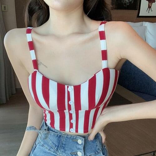 2021 Summer Tank Tops Women Casual Elastic Striped Vest Button Sexy Low-cut Strappy Tee Spaghetti Corset Crop Top Women Shirt
