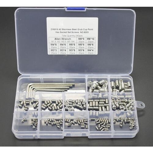 240Pcs Stainless Steel Grub Screw Cup Point Hex Head Socket Set M3/M4/M5x5/M6/ M8 Hex Key Wrench
