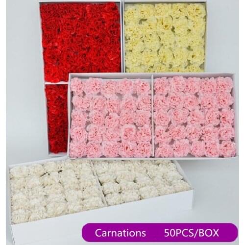 50Pcs 6cm Artificial Flowers Carnation Soap Flower Head Eternal Flowers Bouquet Valentine Mothers Day DIY Bouquet Materials