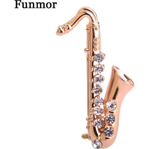 Musical Brooch Pins Saxophone Shape Crystal Broche Gold Color Artist Small Icon Badge Suit Scarf Bijouterie Kids Hat Clips Gifts