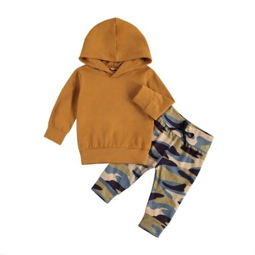 Citgeett Spring Autumn 0-3Y Toddler Baby Boy Girl 2Pcs Set Brown Hooded Long Sleeve Sweatshirt Top+Camo Trousers Pants Set