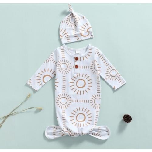 Baby Nightwear with Hat, Unisex Sun Print O-Neck Long Sleeve Sleepwear+ Cap for Kids, White, 0-1 Year Spring Autumn