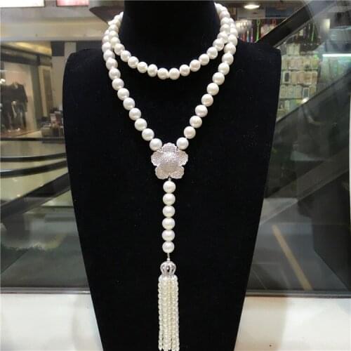 Hand knotted long natural 8-9mm white freshwater pearl necklace tassel sweater chain 80 16cm fashion jewelry