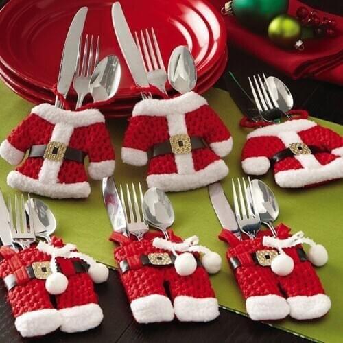 Hot sale 2 pcs Christmas decoration Xmas tableware pocket Santa Silver Holders Pocket Dinner Deco