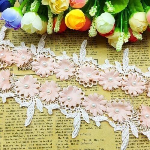 GXINUG 1 Yard Pink 3D Flower Leaves Pearl Lace Trim Embroidered Ribbon Fabric Appliques Sewing Craft For Apparel Costumes Decor