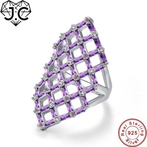 J.C Hollow Square Design Emerald Cut Amethyst Pink & White Topaz Ruby Spinel 925 Sterling Silver Ring Size 6 7 8 9 Fine Jewelry